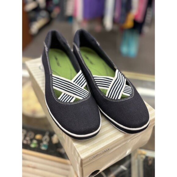 New Cabin Creek Ladies Navy Blue & White Flats With Striped Elastic Cross Straps - Picture 1 of 6